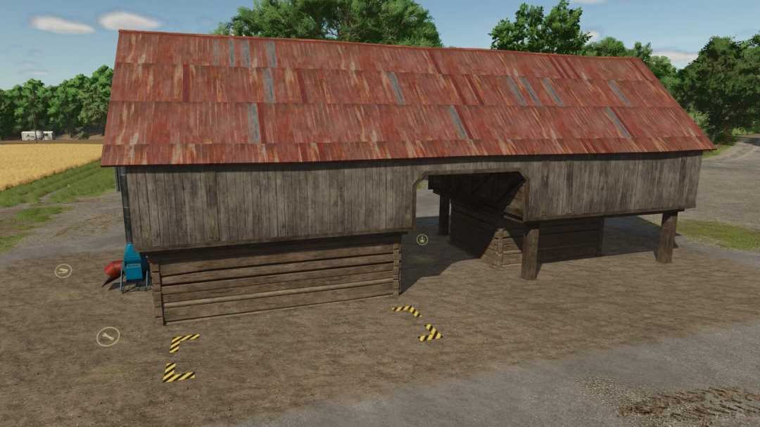 Farming Simulator 25 mod, rustic wooden barn with weathered red roof, used for grass drying and storage, part of FS25 mods collection.