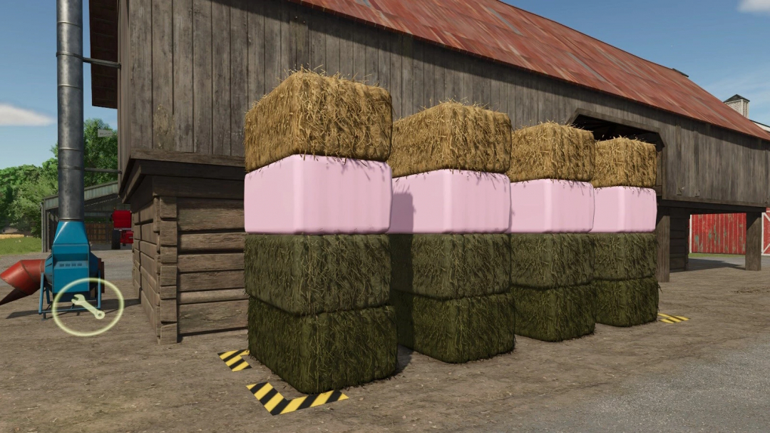 Stack of hay bales with pink foam protection in Farming Simulator 25 mod for Grass-Dryer And Storage v1.0.0.0.