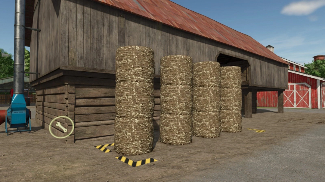 Farming Simulator 25 mod image showing bundled hay bales outside a barn with a Grass-Dryer And Storage v1.0.0.0 mod installed.