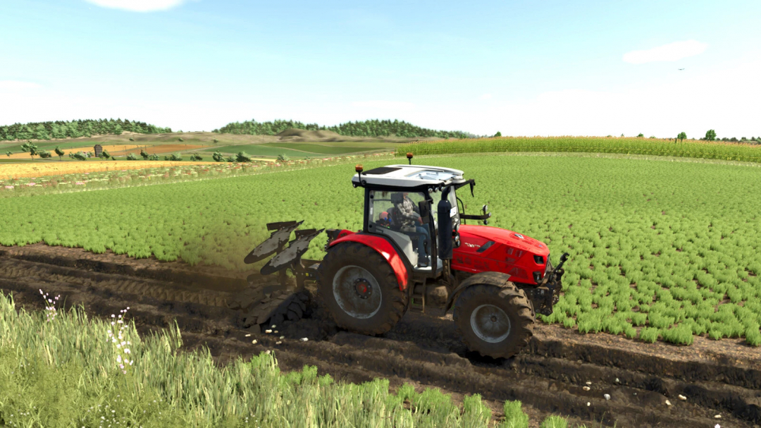 Farming Simulator 25 mod: Red tractor plowing green fields, part of the Handcrafted Plow v1.0.0.0 mod in FS25.