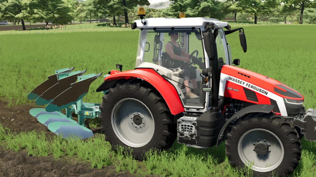 Farming Simulator 25 mod: Massey Ferguson tractor with tender plow attachment plowing a field.