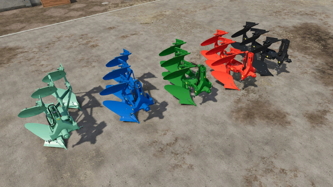 Colorful farming plows in green, blue, red, and black for Farming Simulator 25 mods, shown on a dirt ground.