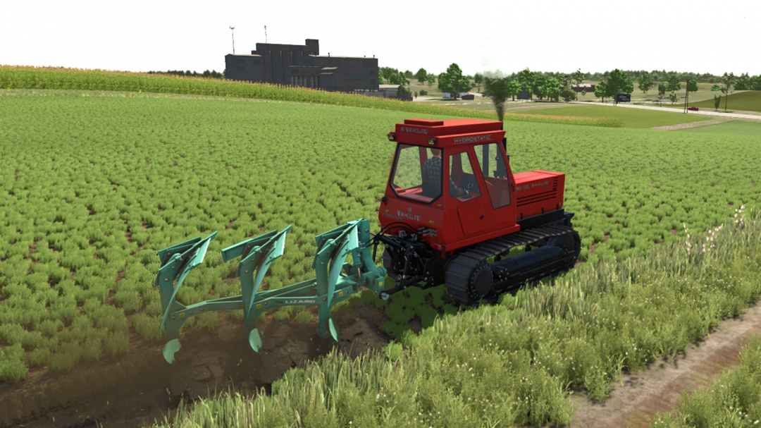 Farming Simulator 25 mod: Handcrafted Plow v1.0.0.0, a red tracked tractor plowing fields in a lush farm landscape.