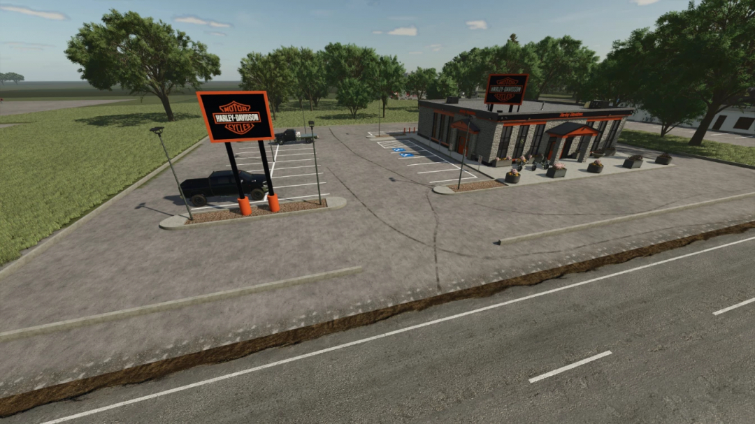 Farming Simulator 25 mod showcasing a Harley Davidson dealership with parking lot and trees in the background.