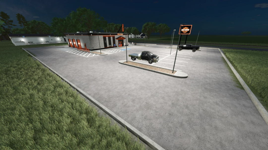 Night view of a Harley Davidson dealership in Farming Simulator 25, with parked trucks and illuminated signs, as part of FS25 mods.