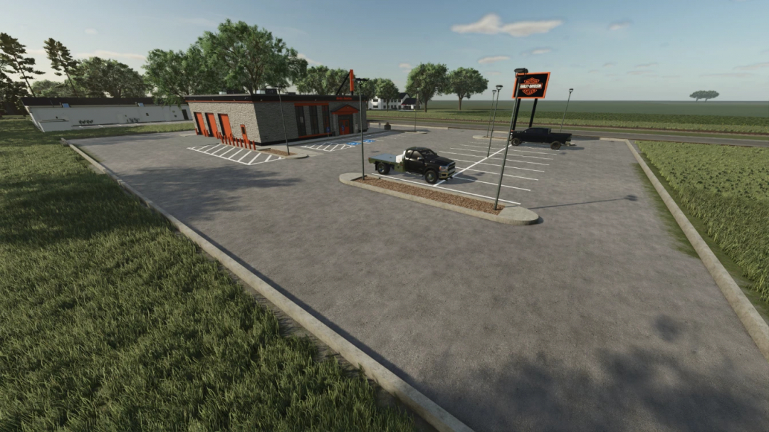Farming Simulator 25 mod: Harley Davidson Dealership building with parking lot, trucks, and Harley signs for FS25 mods.