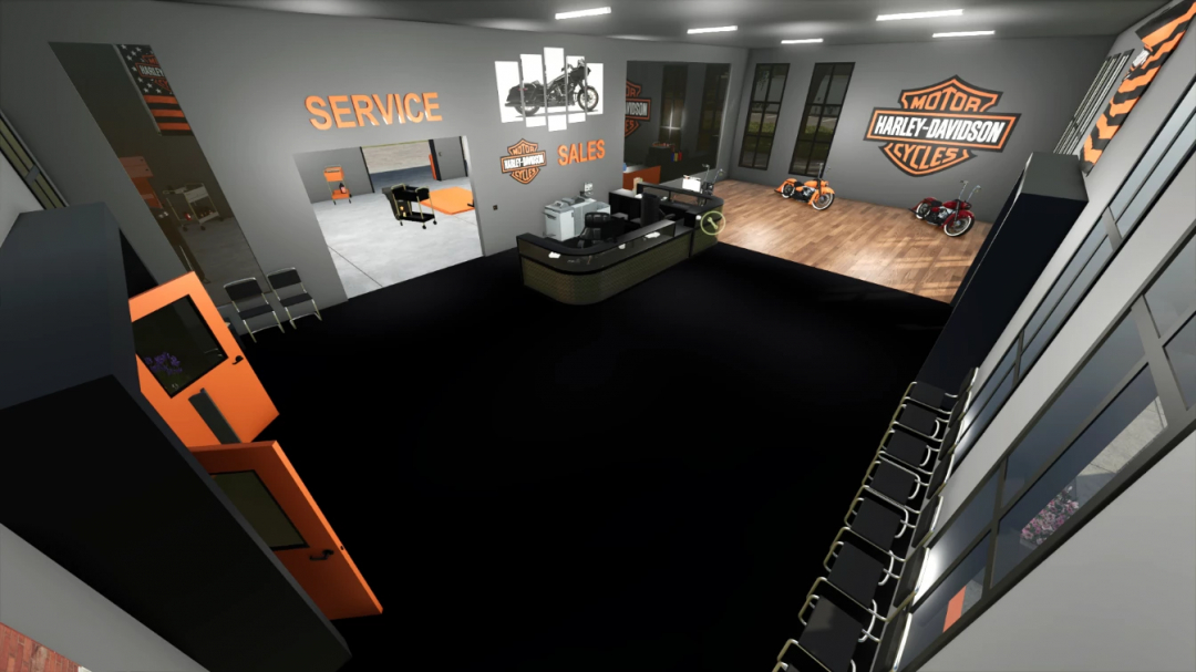 Farming Simulator 25 mod - Harley Davidson Dealership interior with motorcycles, service, and sales areas for FS25 mods.