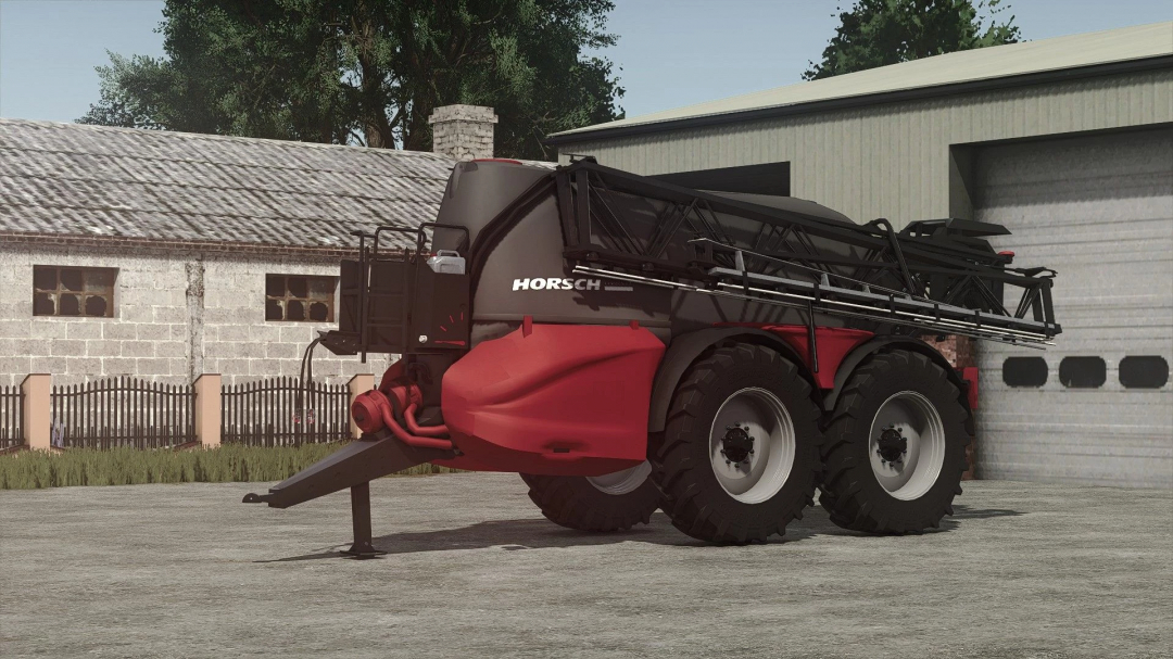Horsch 12TD crop sprayer mod in Farming Simulator 25, with black and red design parked outside a farm building.