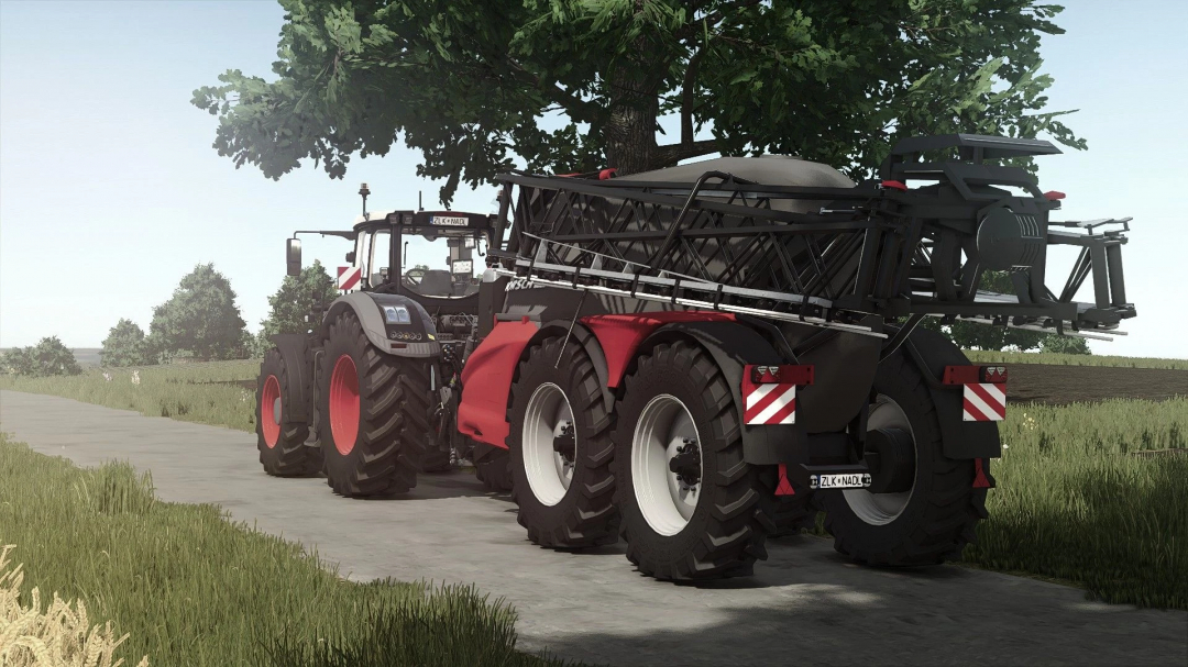 Farming Simulator 25 mod: Horsch 12TD tractor with a chemical sprayer attachment, set on a country road with grass and trees.