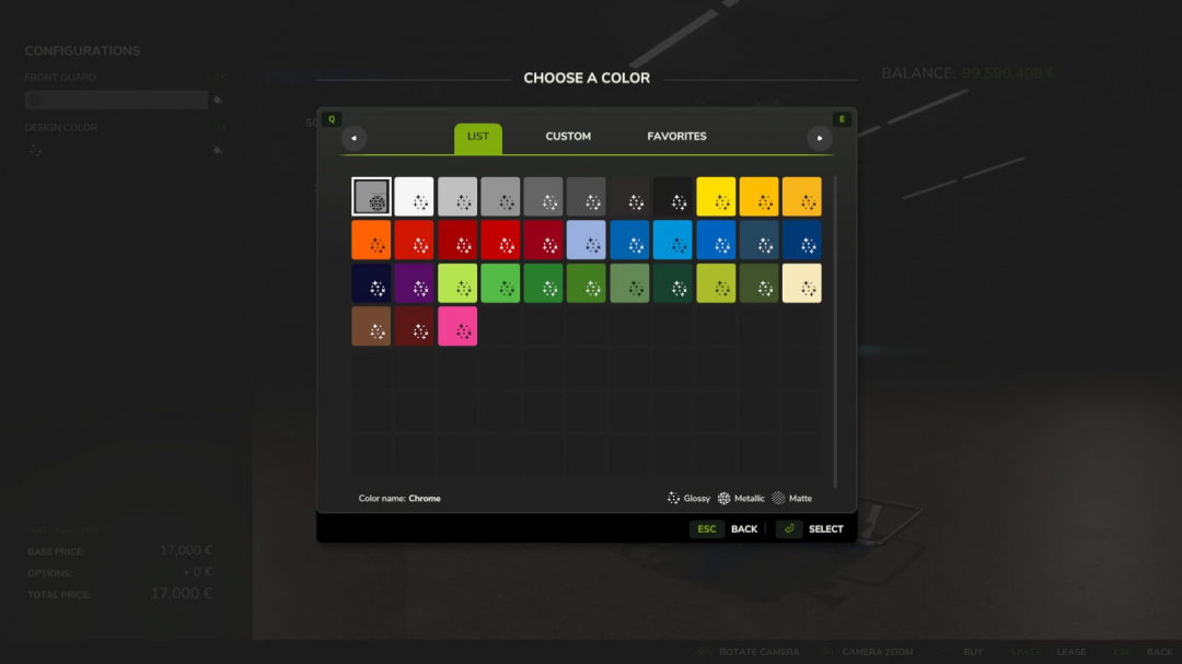 Farming Simulator 25 mod screen showing color selection for vehicle customization in FS25, with various color options and textures.