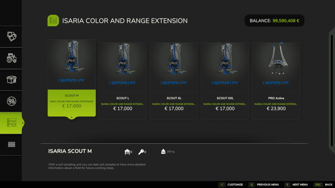 Farming Simulator 25 mod screenshot showing the ISARIA Color And Range Extension v1.0.0.0 for FS25, including Scout models in the mod shop.