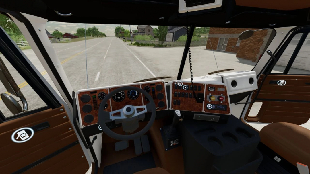 Inside view of a semi-truck cab from Farming Simulator 22, showcasing modded interiors for FS22 mods, International 9800 BR v1.0.0.0.
