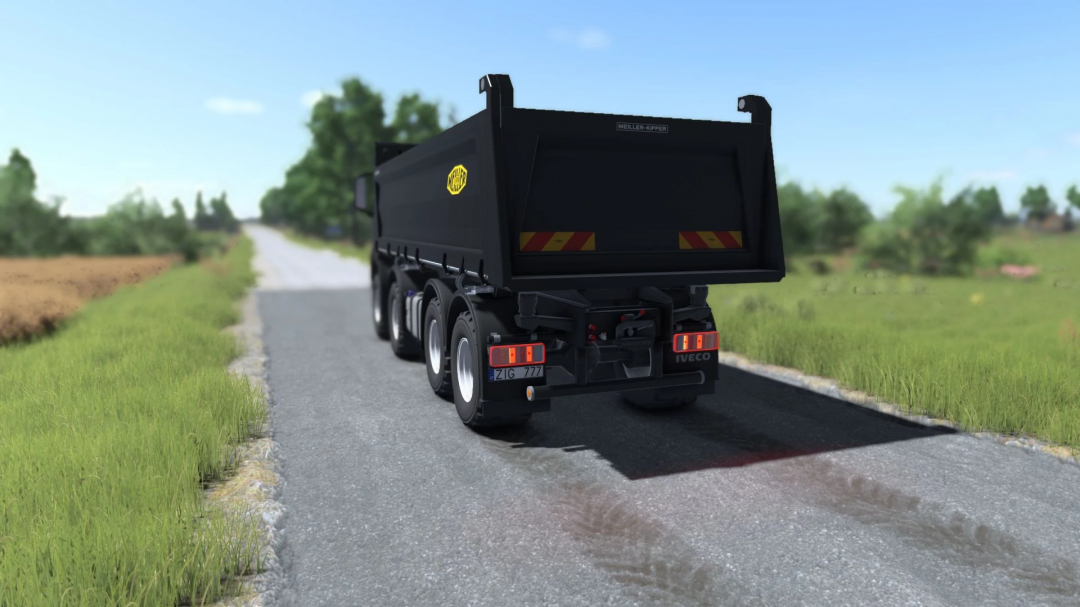 Farming Simulator 25 mod: Iveco X-Way 8X8 Meiller Kipper viewed from the rear on a rural road with green fields.