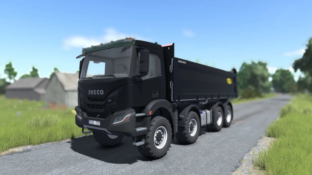 Farming Simulator 25 mod: Iveco X-Way 8X8 Meiller Kipper truck on a rural road.