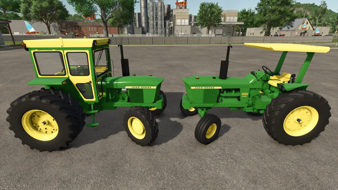 Farming Simulator 25 mods: John Deere 4020, 4010, 4000 tractors in vibrant green and yellow colors.