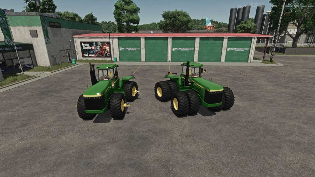 Two John Deere 8850 tractors parked in a lot in Farming Simulator 25, showcasing FS25 mods for realistic farming experiences.