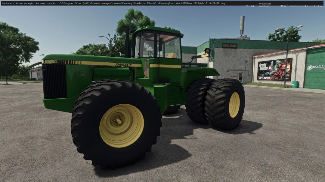 John Deere 8850 tractor mod from Farming Simulator 25, parked on a farm lot with buildings and trees in the background.