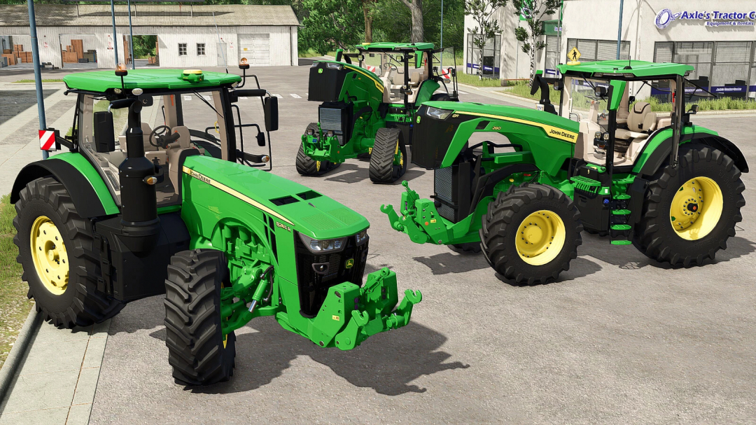 Three John Deere tractors from the FS25 mods pack in Farming Simulator 25, showcasing detailed green and yellow design with large tires.