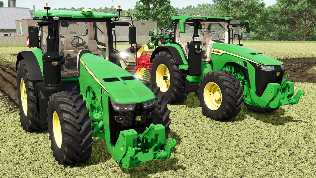 Two green John Deere 8R tractors with farming equipment in a field, showcasing Farming Simulator 25 mods, including the John Deere 8R Pack v1.0.0.1.