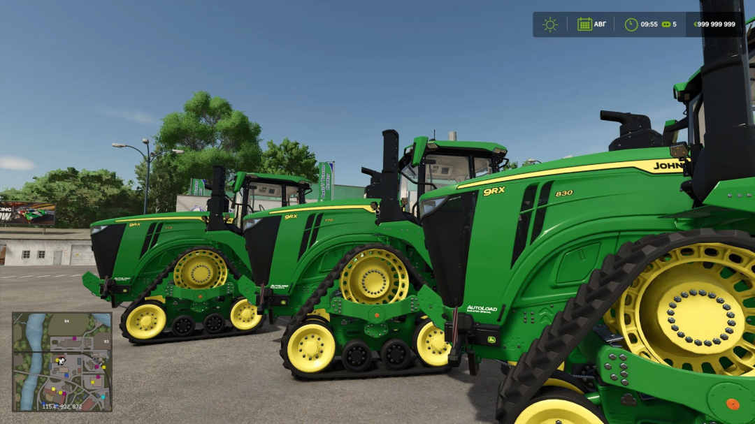 Three John Deere 9RX and 9R tractors with green and yellow colors in Farming Simulator 25 mods.