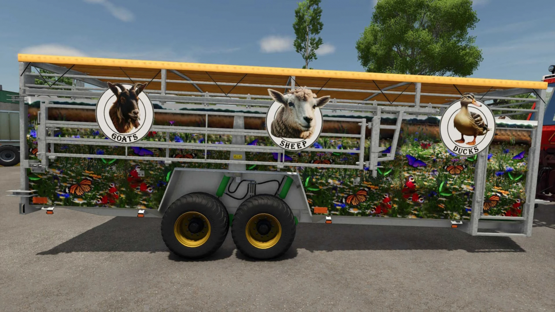 Farming Simulator 25 mod: decorative trailer with signs of goats, sheep, and ducks, featuring flower decoration for FS25 mods.