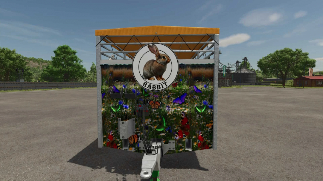 Farming Simulator 25 mod: Rabbit-themed garden decoration with colorful butterflies, flowers, and a rabbit illustration, for FS25 mods.