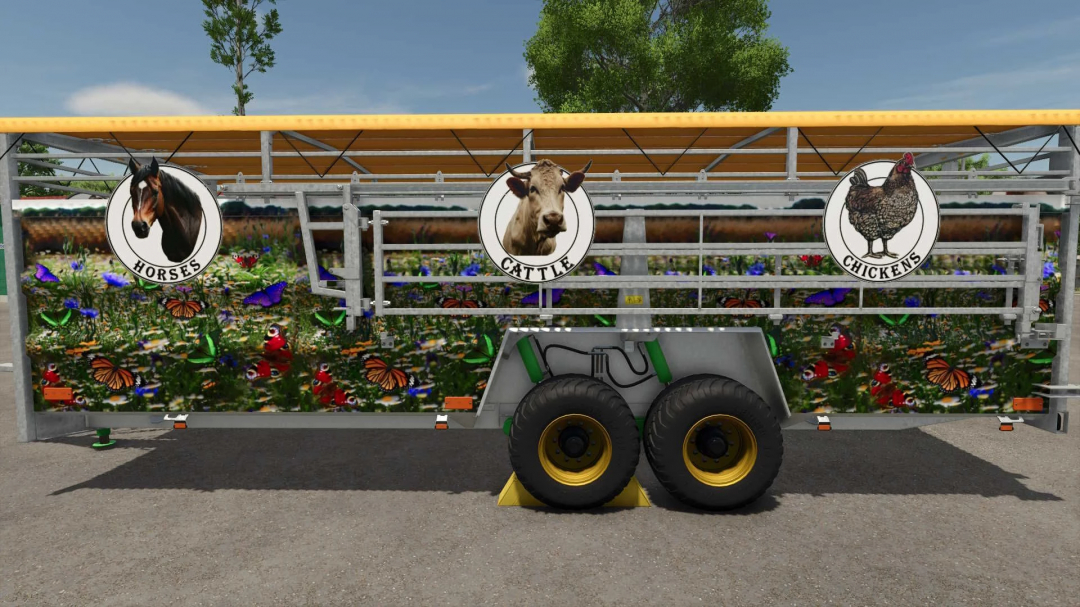 Farming Simulator 25 mod featuring a Joskin Betimax RDS 8000 with horse, cattle, and chickens icons, decorated with flowers and butterflies.