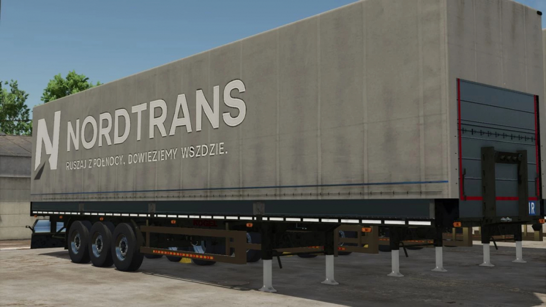 Farming Simulator 25 mod: KÖGEL Trailer pack 3 v1.0.0.0, a large trailer with company logo and support stands, suitable for farming transport.