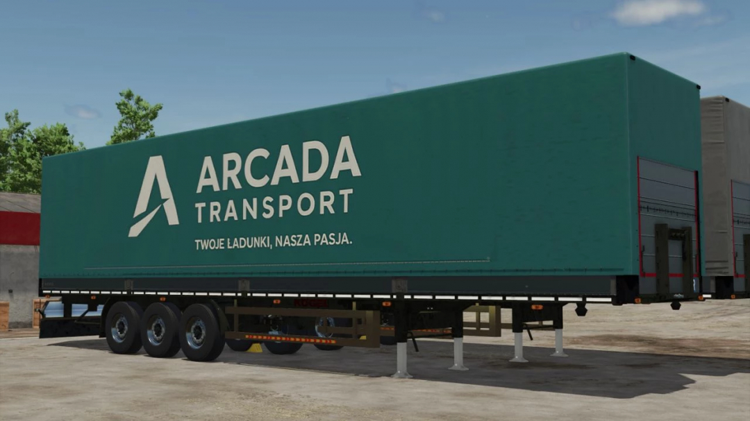 Farming Simulator 25 mod: KÖGEL Trailer pack 3 v1.0.0.0, large transport trailer with 'Arcada Transport' branding, parked on an outdoor lot.