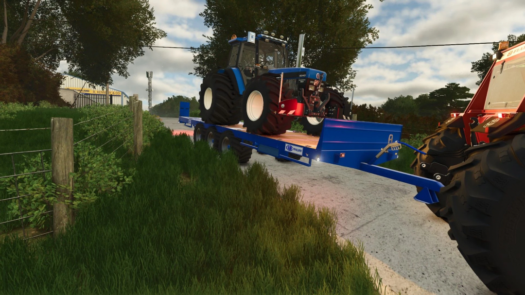 Farming Simulator 25 mod featuring a blue Kane LBT 24T trailer with a tractor loaded on it, on a rural road.