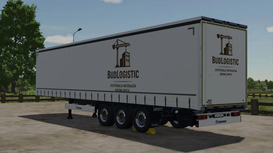 Farming Simulator 25 mod trailer with 'Budlogistic' branding, used for material transport, featuring a large white container and three axles.
