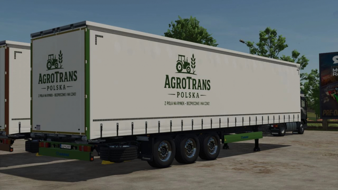 Farming Simulator 25 mod: white AgroTrans Polska trailer with logo, used for safe and efficient transport on the farm.