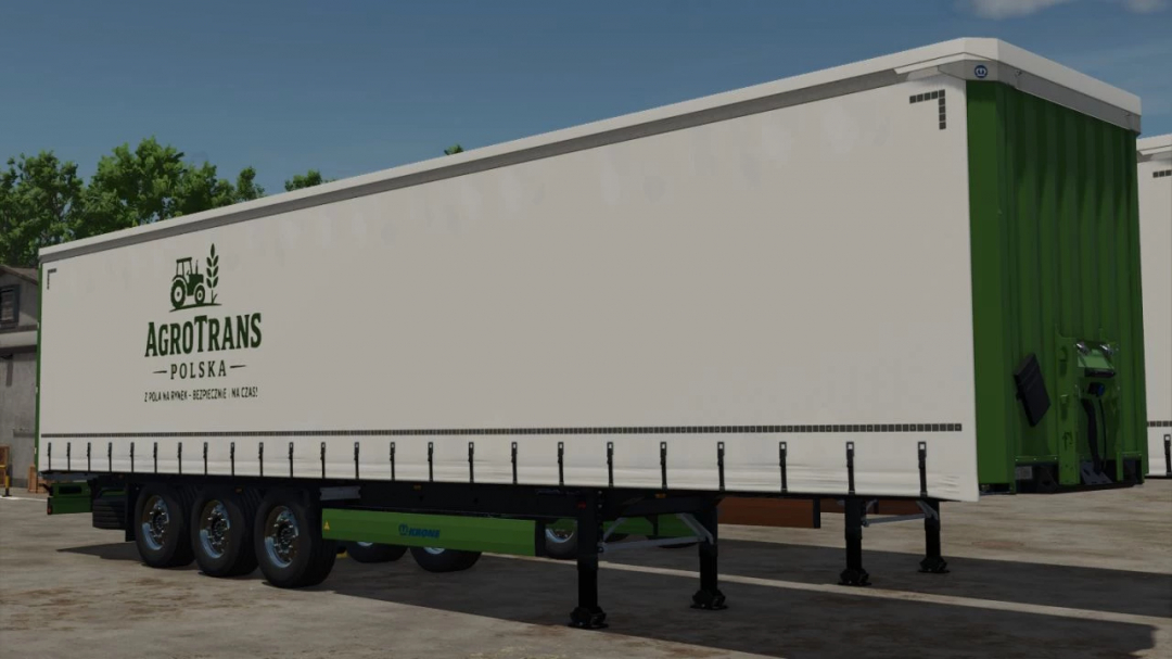 Farming Simulator 25 mod image of a green and white AgroTrans trailer with the logo, used for crop transportation in FS25.
