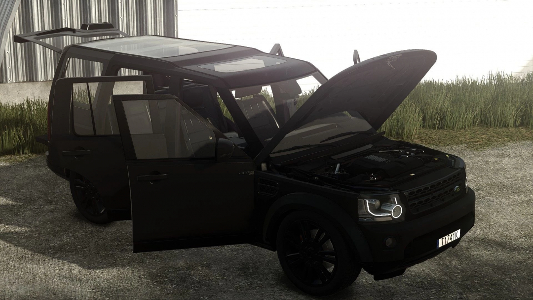 Black Land Rover Discovery 4 with open hood and doors in Farming Simulator 25, featuring FS25 mods.