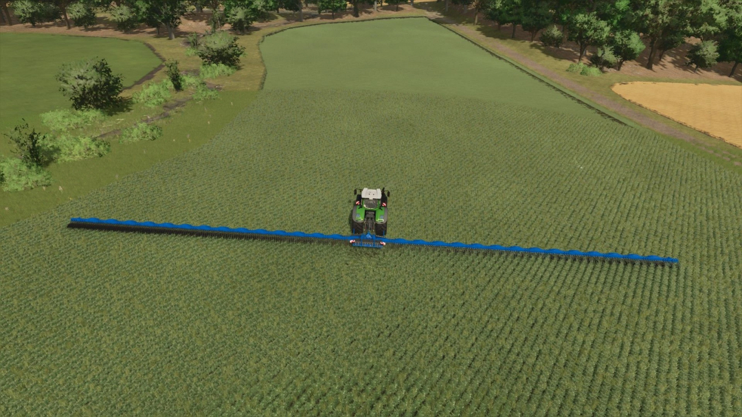 Farming Simulator 25 mods: Tractor with Landstal Plantcare 600 50m mod spraying crops in the field.