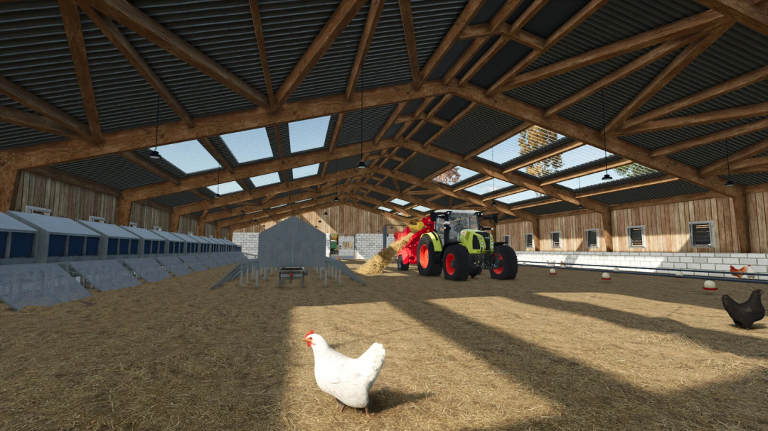 Farming Simulator 25 mod: Large Old Chicken Coop v1.0.0.0 inside a barn with chickens, a tractor, and poultry equipment.