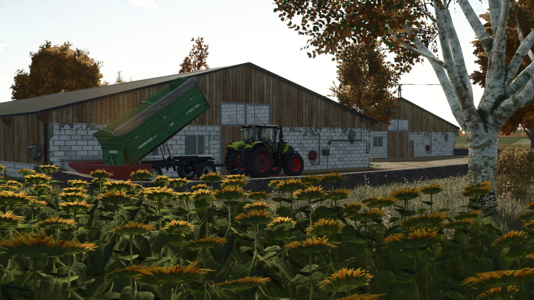 Farming Simulator 25 mod showcasing a large old chicken coop with a tractor and trailer, set in an autumn farm scene.