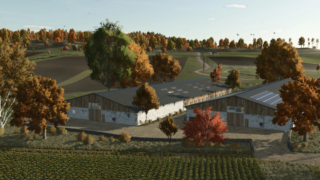 Farming Simulator 25 mod: Large Old Chicken Coop v1.0.0.0 amid autumn trees and farmland in FS25.