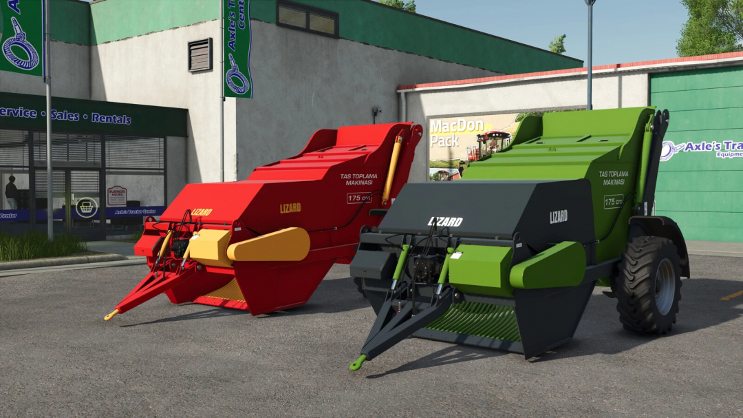 Red and green Lizard Ozn Stone Collectors mod from Farming Simulator 25 parked outside a tractor center.