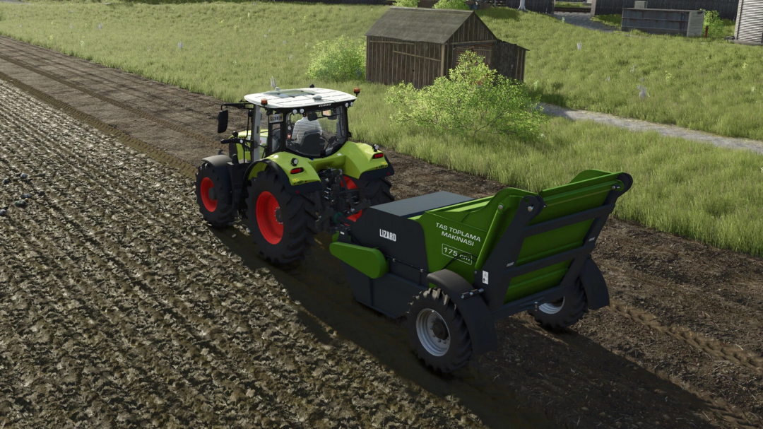 Farming Simulator 25 mod: Lizard Ozn Stone Collector attached to a tractor on a farm field.
