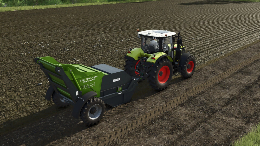 Farming Simulator 25 mod image of a green tractor with a Lizard Ozn Stone Collector attached, used for harvesting stones on farmland.
