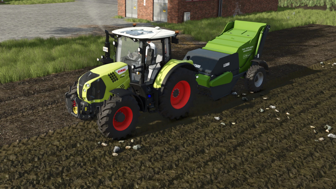 Farming Simulator 25 mod: CLAAS ARION tractor with Lizard Ozn Stone Collector attachment on a farm field.
