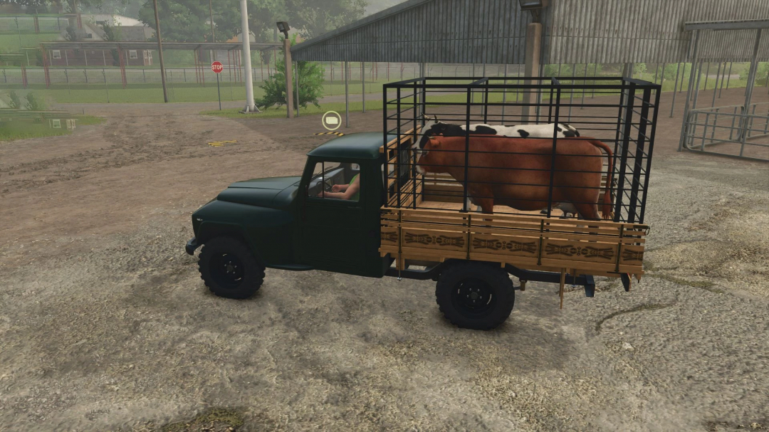 Farming Simulator 25 mod: Vintage truck with cattle in the bed, part of FS25 mods collection, realistic farm vehicle.