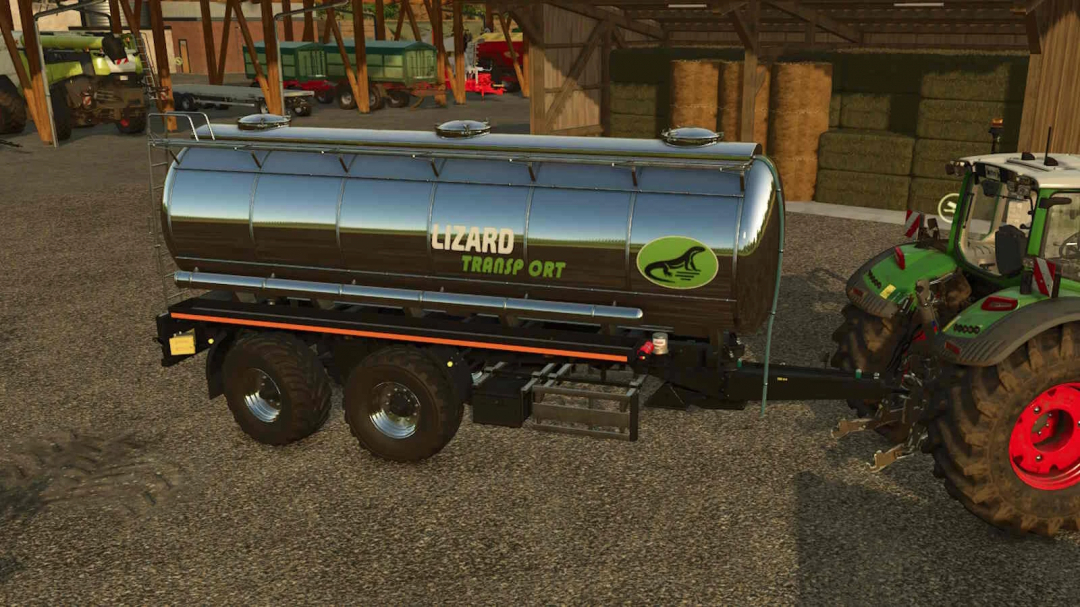 Farming Simulator 25 mod: Lizard Tank Trailer25 v1.0.0.0 attached to a tractor in a farmyard.