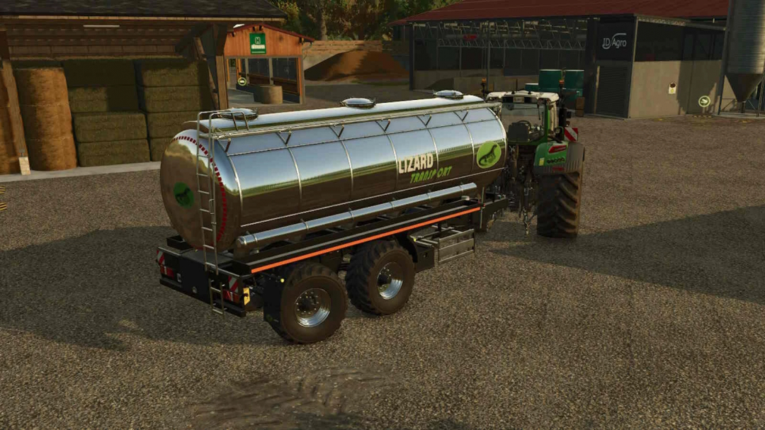 Farming Simulator 25 mod: Lizard Tank Trailer25 v1.0.0.0 attached to tractor, used for transporting liquids in the game.
