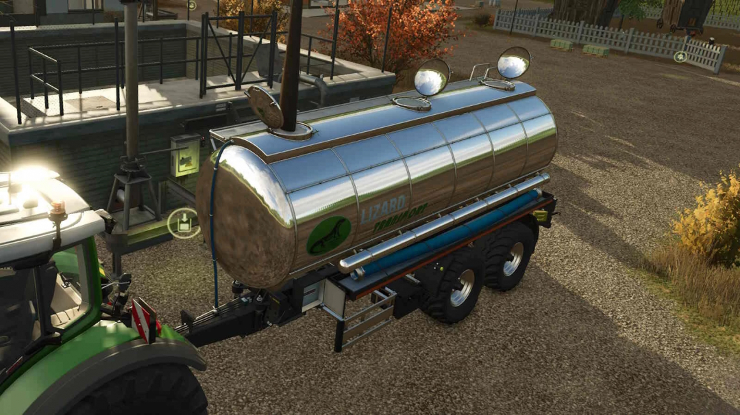 Farming Simulator 25 mod: Lizard Tank Trailer25 v1.0.0.0 in a farm yard, highly detailed fuel tanker for farming activities.