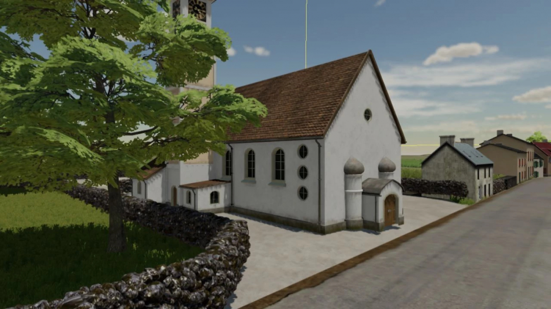 Farming Simulator 22 mod - Lomba do Pomar v1.0.0.0, a rustic village church with a stone fence, green tree, and wooden door, in a scenic rural setting.