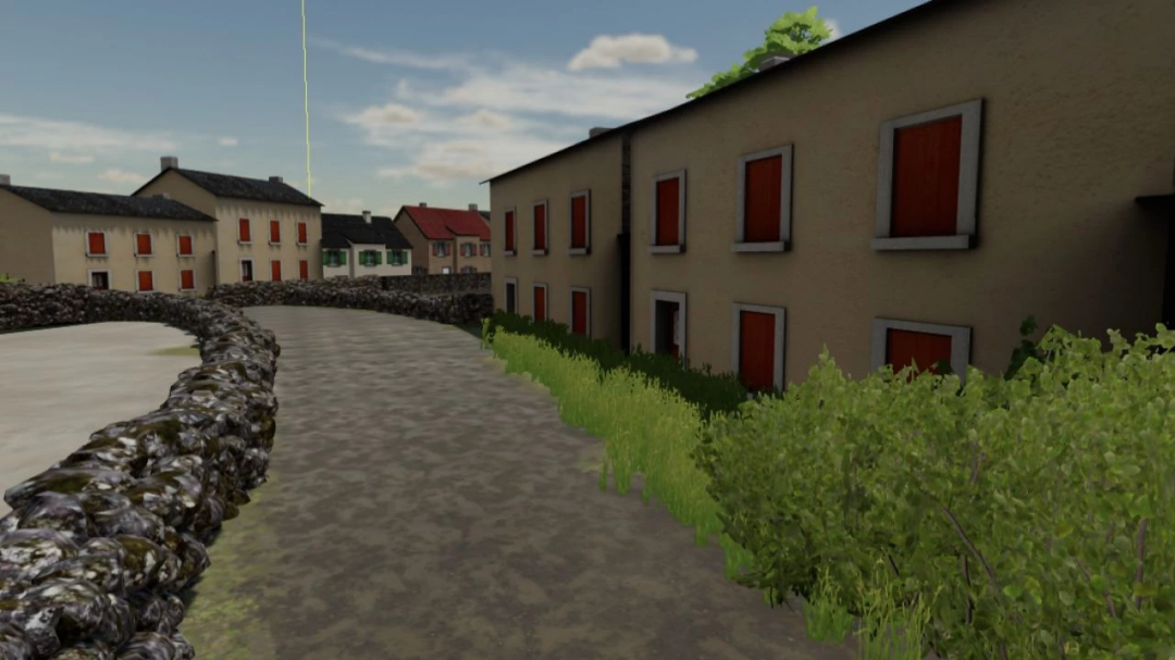 Farming Simulator 22 mod image showcasing a rural scene with a stone fence, path, and residential buildings in the game.