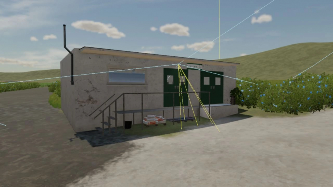 Farming Simulator 22 mod: small house with green doors, surrounded by bushes and laundry lines, on a farm map.