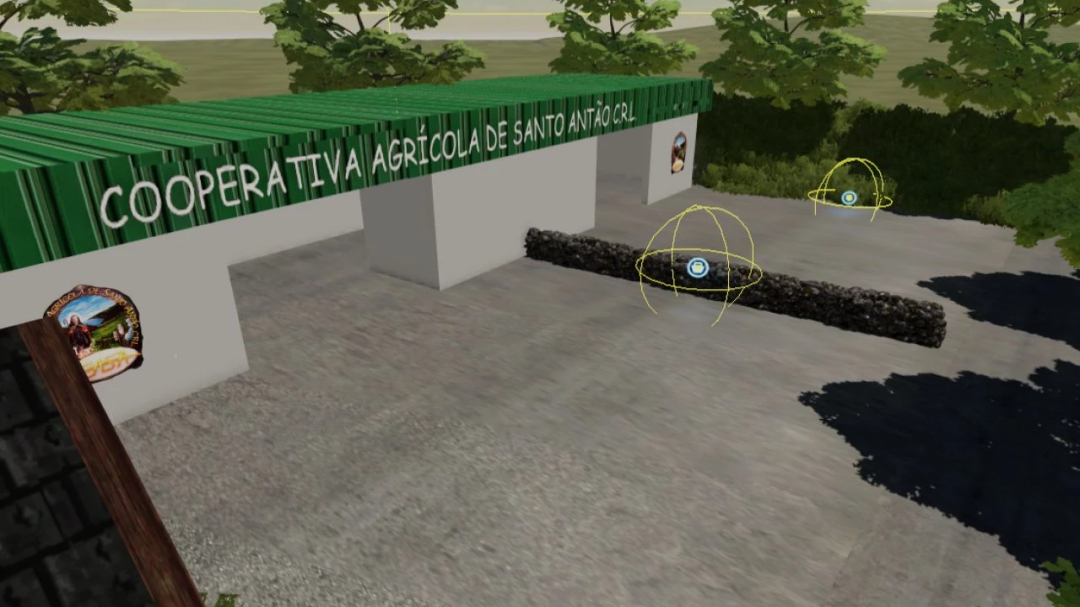 Farming Simulator 22 mod image of cooperative farm house with green roof and trees in the background, titled 'Lomba do Pomar v1.0.0.0'.